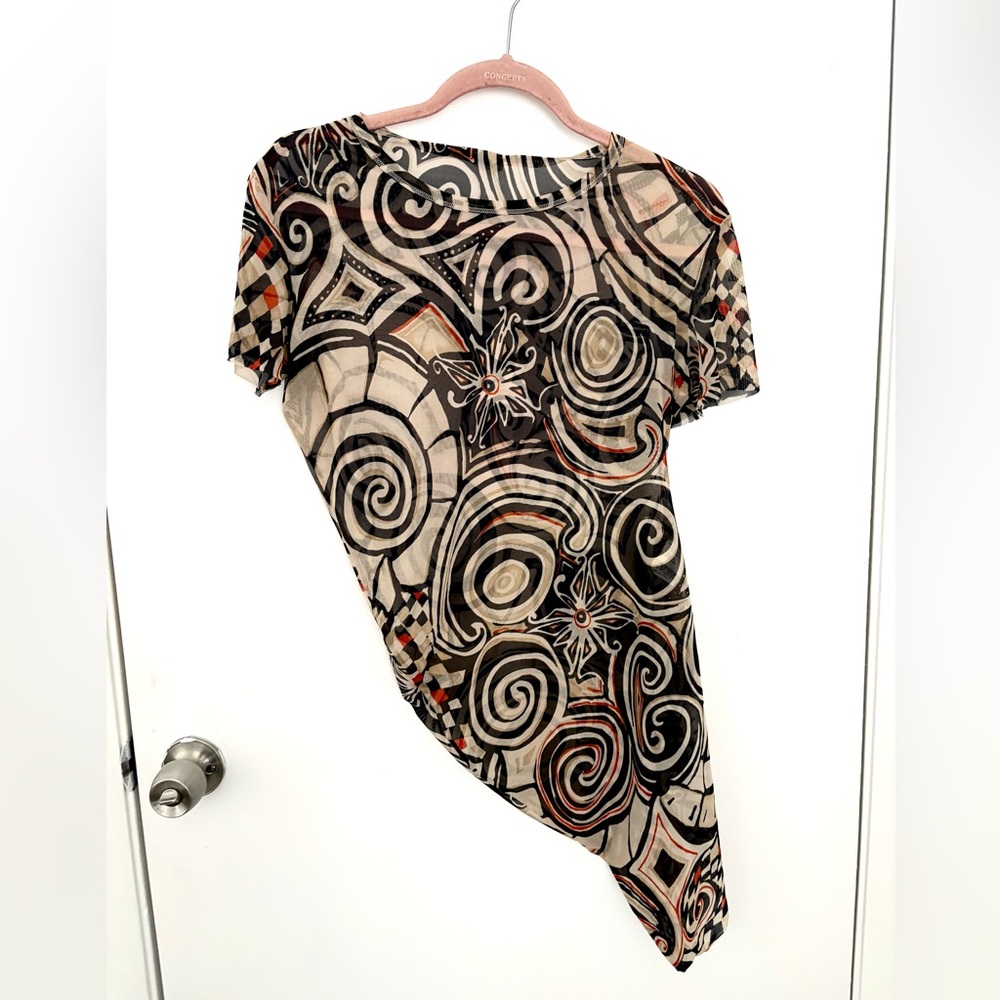 Etro Asymmetrical Sheer Mesh Multicolor Crewneck Top Size 48 Made in Italy